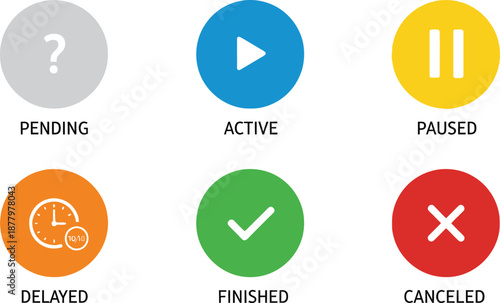 Six status icons with different colors displayed in a grid layout on a digital interface, showcasing various states and actions.