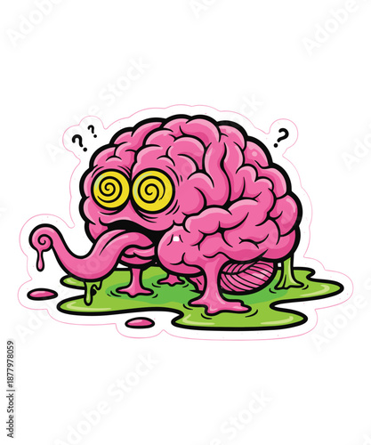 Cartoon brain monster with question marks on white background