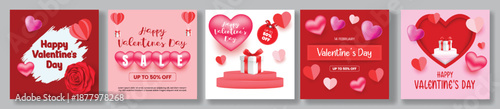 Valentine banner design bundle including social media posts, ads, promo banners, square flyers and romantic 3D heart vector illustration backgrounds