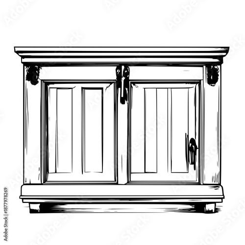 Detailed black line art illustration of a cabinet toe kick vent on a clean white background, perfect for interior design and renovation projects