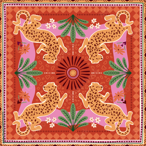 Tropical tile, scarf, square seamless pattern with jungle flowers, leopard, waves, stripes, geometric ornament, ethnic element, summer vacation print. Cute vector background, textile design, wallpaper