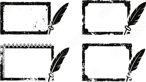 Vintage grunge frames with feather quill pen, set of four rustic rectangular borders for writing and decoration