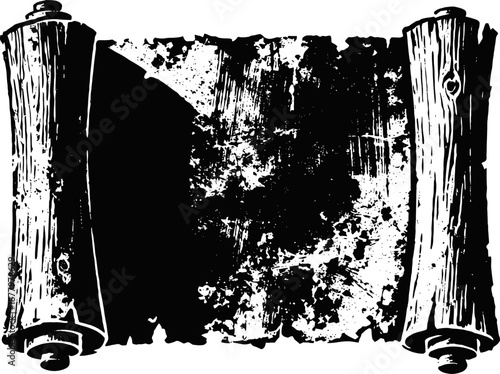 Ancient weathered scroll with wooden handles and torn textured parchment background