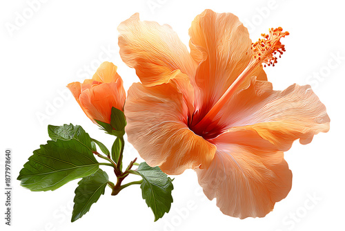 Elegant peach hibiscus flower with bud and leaves