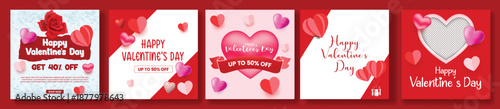 Valentine’s Day celebration party web banner template with romantic love celebration posts, 3D heart vector illustration backgrounds and modern Valentine marketing layout
