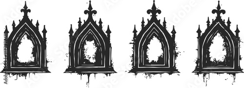 Set of vintage gothic pointed arch frames with distressed grunge texture on white background