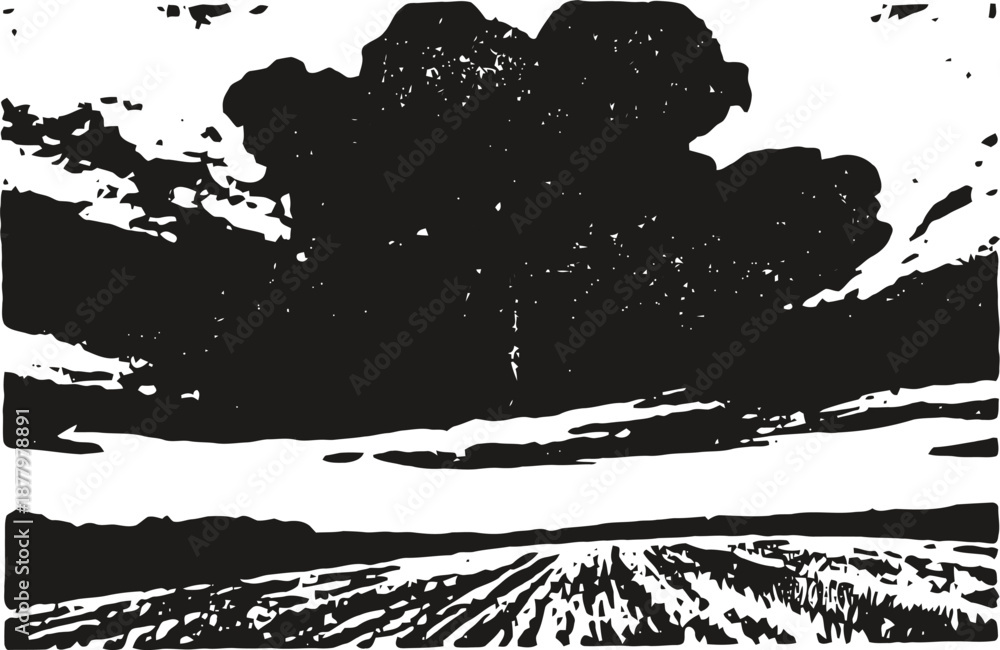Obraz premium black and white rural landscape woodcut with dramatic clouds over plowed field