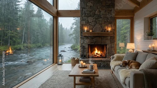 Cozy lodge living room with a crackling stone fireplace and large window offering a serene view of a rainy forest river
