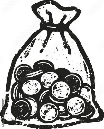 Bag filled with coins hand drawn sack of money, savings and wealth concept