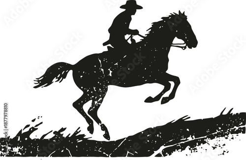 Cowboy riding galloping horse jumping over obstacle silhouette in dynamic motion