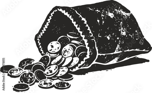 Old fashioned leather pouch spilling antique coins with detailed vintage engraving