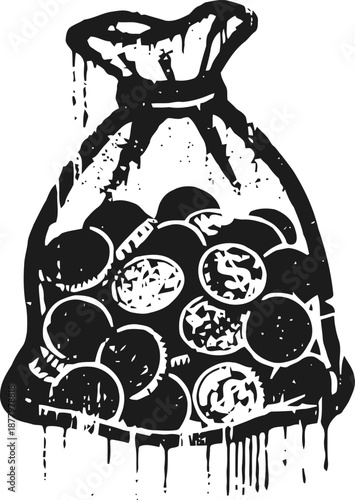 Bag filled with money coins in black and white sketch wealth savings and finance concept