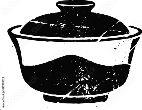 Black and white grunge vintage ceramic bowl with lid illustration