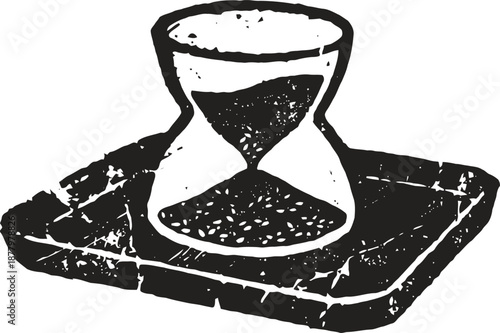 Hourglass with flowing sand on a rectangular base symbolizing time and passing moments
