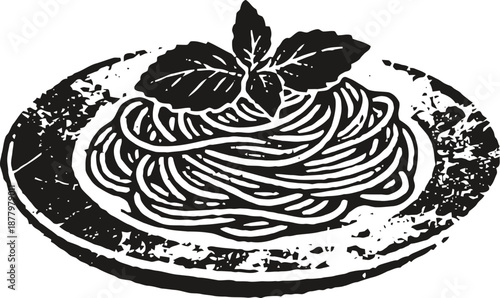 Plate of spaghetti pasta with basil leaves garnish in vintage illustration