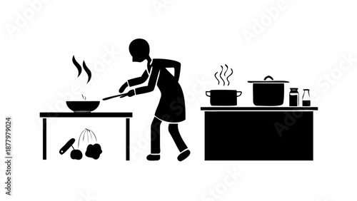 A silhouette of a person in a kitchen, steam rising from a pot, preparing food for the evening.