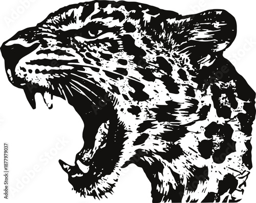 Roaring leopard head illustration with open mouth and sharp teeth detailed spots design