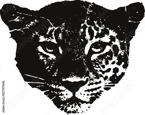 Jaguar face illustration silhouette, fierce wild animal head with spotted pattern in black and white