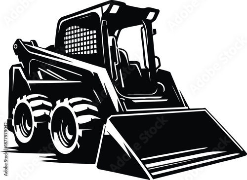 Compact skid steer loader heavy construction equipment with bucket isolated on white background for industrial design and machinery concepts