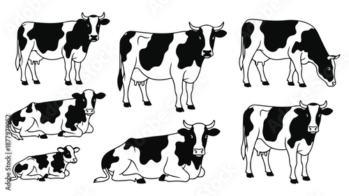 Set of seven black and white cow illustrations in various poses on a plain white background.