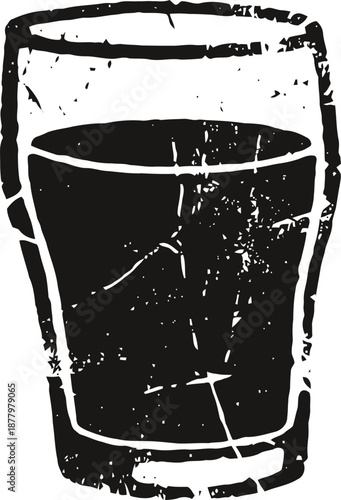 Grunge illustration of filled glass with beverage and ice cubes
