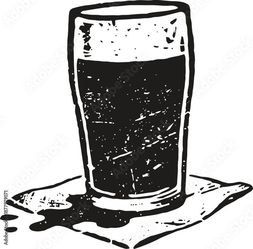 Grunge illustration of a glass filled with dark liquid on a napkin, messy spill around