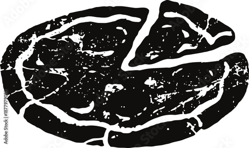 Black and white illustration of a grilled salmon steak with a cut slice, food drawing