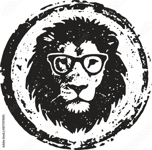 Lion face with glasses illustration in grunge circular frame cool wild animal design concept