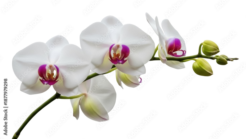 Naklejka premium Elegant phalaenopsis orchid flowers isolated PNG, delicate white petals with purple centers on transparent background for botanical designs