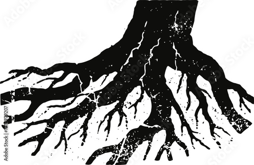 Old tree stump with sprawling roots illustration in black and white grunge