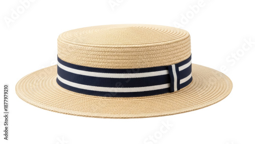 Straw boater hat with navy and white ribbon isolated PNG, classic summer headwear for men and women on transparent background