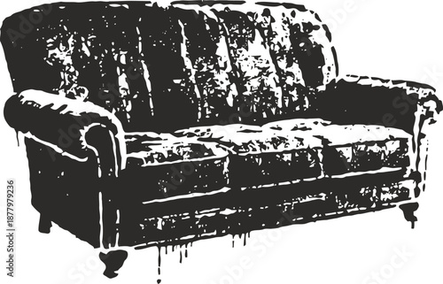 worn vintage sofa with distressed upholstery and classic rolled armrest in black and white