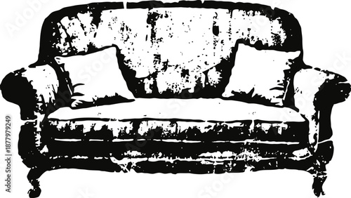 Vintage distressed sofa with cushions, classic upholstered couch in retro