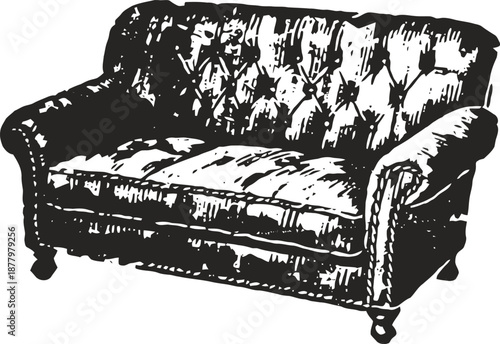 Vintage tufted sofa with rolled arms and wooden legs, classic elegant furniture design