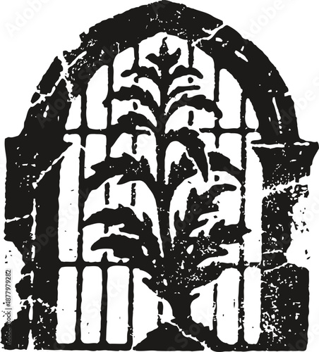 black ink floral print with arched window design in grunge pattern