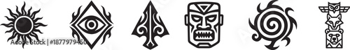Tribal geometric icon set with ethnic patterns and bold symbols for art, branding and modern design.