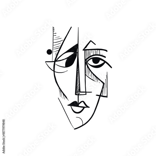 Minimalist abstract cubist face drawn with expressive black lines, modern line art portrait ideal for contemporary design and wall decor