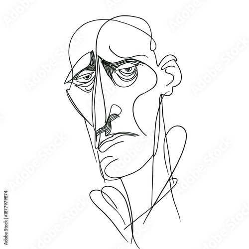 Minimalist single line illustration of an expressive male face, abstract portrait art suitable for modern design, posters, editorials, and wall decor