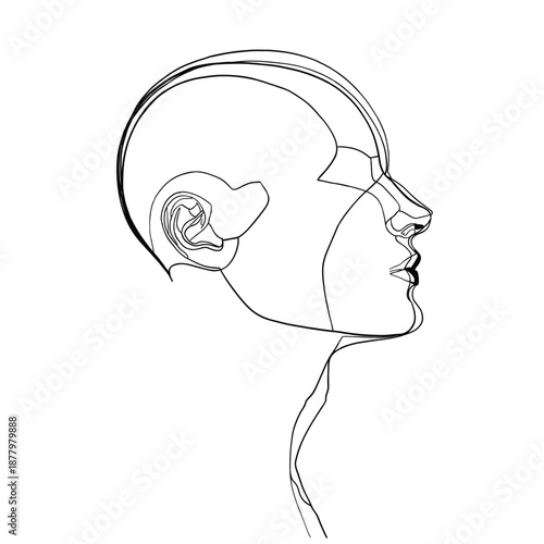 Minimalist line art illustration of a human head in profile view with clean contours, modern abstract style ideal for medical, design and editorial use