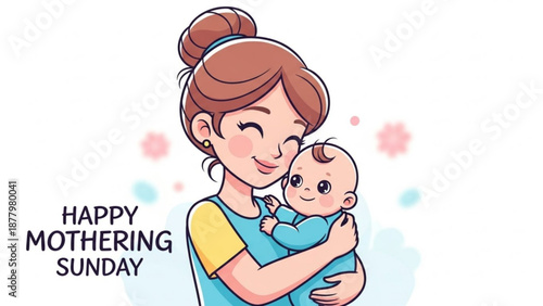 Happy Mother Holding Baby on Mothering Sunday, Cartoon Illustration of Mother and Child, Isolated on White Background