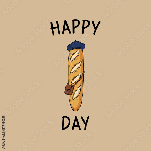 Humorous French Style Baguette Bread Character Wearing a Blue Beret and Carrying a Brown Leather Bag for Bakery and Travel Concepts