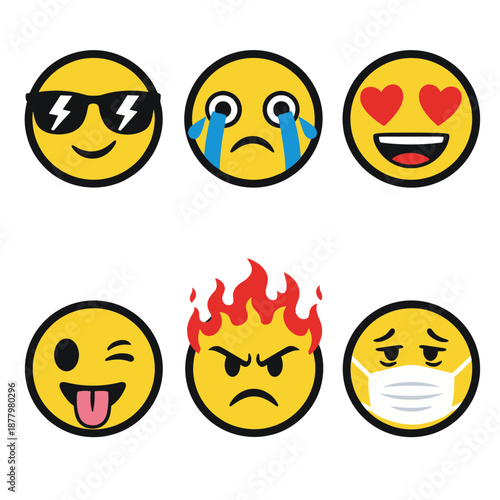 Collection of Yellow Emoji Face Icons Showing Different Emotions from Cool and Happy to Sad Angry and Sick for Digital Communication