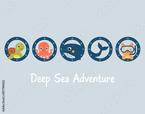 Deep Sea Adventure Icons Featuring Sea Turtle Octopus Whale and Cat Scuba Diver in Portholes for Ocean Exploration and Kids Education Content