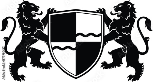 Heraldic Shield Supported by Two Lions with a Black and White Quartered Design Featuring Wavy Lines