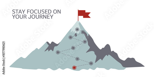 Journey Concept Vector Illustration of Mountain with Path and Flag Representing Goal Achievement and Success