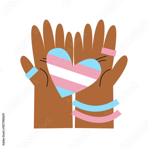 Hands holding heart symbol and trans flag colors and symbols. Transgender and genderqueer rights, visibility and awareness concept. Inclusion and diversity.