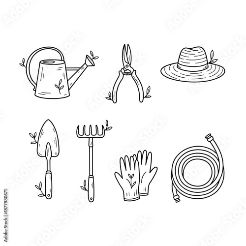 Hand Drawn Gardening Tools Collection Featuring Watering Can Pruning Shears Straw Hat Trowel Rake Gloves and Hose for Horticulture and Farm Work