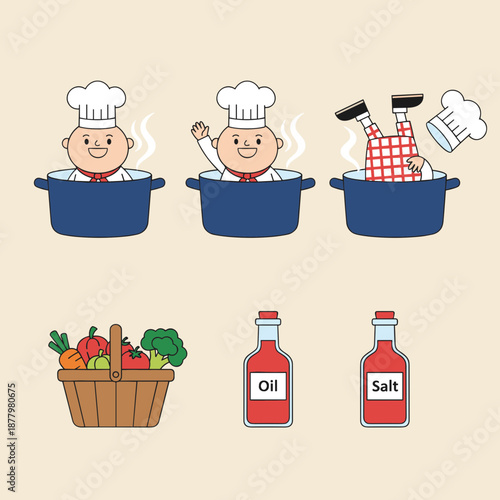Funny Chef Characters in Cooking Pot with Fresh Vegetables Basket Oil and Salt Bottles Illustration for Culinary School and Kitchen Fun Concept