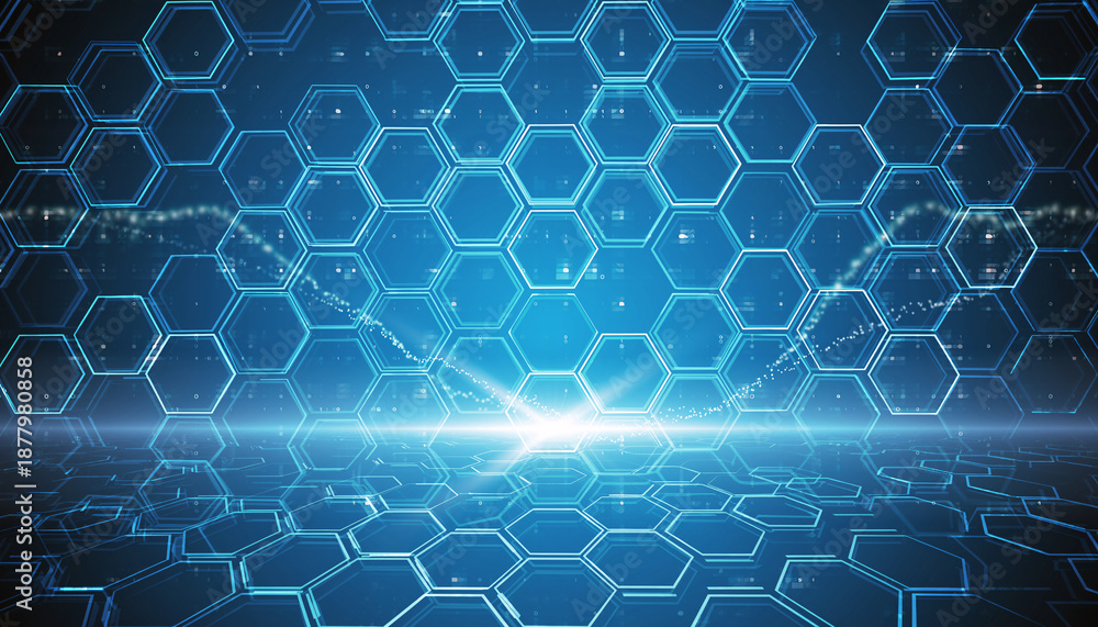 Obraz premium Futuristic blue hexagonal grid with digital light effects