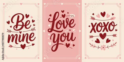 Three Vertical Valentine Cards with Romantic Messages and Decorative Hearts